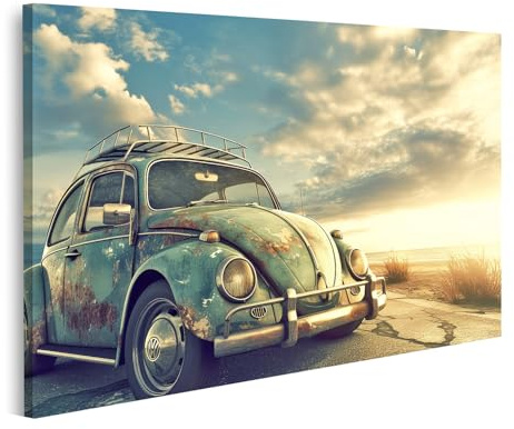 islandburner Bild auf Leinwand Alter Käfer am Strand bei Sonnenuntergang Bilder Wandbilder Poster