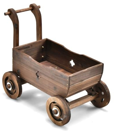 Helloshop26 Brouette en Bois décorative avec Roues poignées Trou de Drainage Support de Pot de Fleurs Roulant Rustique Jardin Balcon Marron 20_0005124