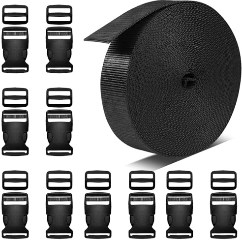 10M x 25mmNylon Webbing Strap Kit with Buckles and Adjusters | Heavy Duty Webbing Flat Side Strap with 15 PCS Adjustable Buckles and Tri-Glide Slides for DIY Bags Backpack Cargo Strapping