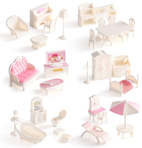 ROBUD Puppenhaus Zubehör Möbel Set – 32-teiliges Klassisches Puppenhausmöbel Set mit Schlafzimmer, Wohnzimmer, Küche & Bad, Terrasse, Rollenspiel Geschenk für Kinder Mädchen ab 3 Jahren