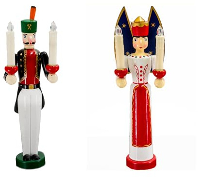 Kaladia Engel & Bergmann Figuren Set aus Holz – elektrisch beleuchtet mit LED-Kerzen & Fernbedienung – traditionelle Bunte Weihnachtsfiguren – Höhe: 30 cm