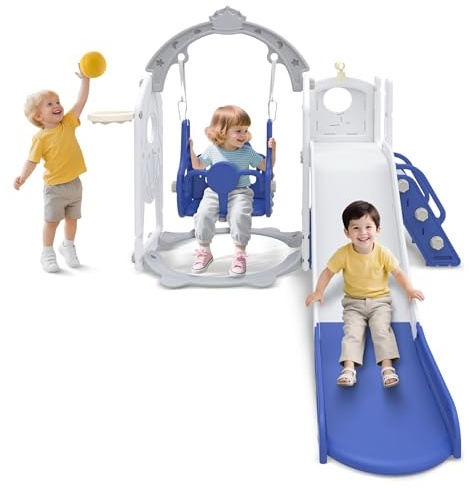 Froadp Tobogán infantil 6 en 1 para niños pequeños a partir de 1 año, interior y exterior, tobogán independiente de HDPE y PP, con columpio, escalera de escalada, espacio de almacenamiento, canasta de