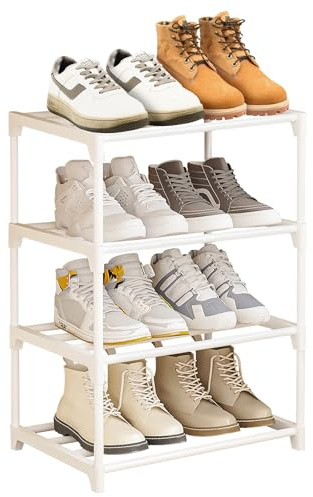 NIAWECAN Small Shoe Rack White, 4 Tier Shoe Racks, Metal Shoe Racks Slim | Stackable Shoe Stand, Narrow Shoe Organiser Storage Shelf for Closet, Entryway, Hallway, Bedroom, Quick Assembly