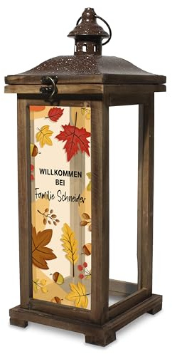 True Statements Personalisierte Holz-Laterne 42cm Herbst-Deko mit Namen, Landhaus-Stil, Großes Windlicht