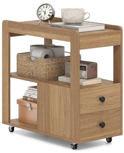 COSTWAY Beistelltisch schmal, Nachttisch mit Rollen, 2 Schubladen und offenen Ablagen, Sofatisch, Nachtschrank für Wohnzimmer, Schlafzimmer, 65 x 30 x 63 cm (Natur)