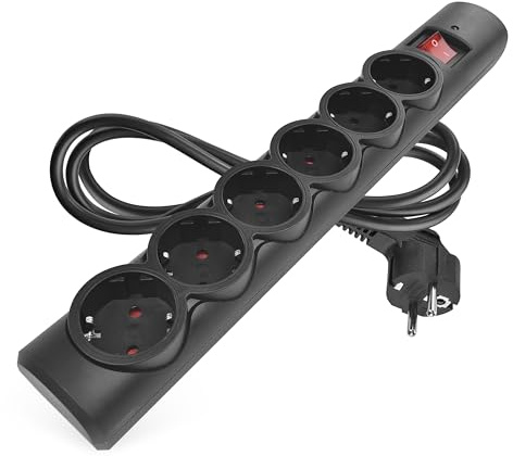 EMOS – Överspänningsskydd grenuttag med LED-display, 6 fack, 1,5 m kabel – 6 Schuko-uttag roterade 45°, brytare, ökat kontaktskydd – max. Last 2 300 W/10 A – PVC för inomhusbruk – svart