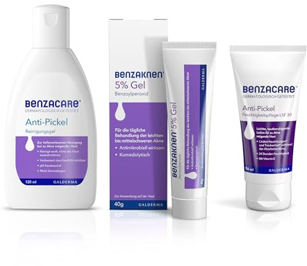 BENZAKNEN 5% Gel (40 g) + BENZACARE Anti-Pickel Reinigungsgel (120 ml) + Feuchtigkeitspflege (50 ml): Gegen Akne & unreine Haut, reduziert Mitesser & Pusteln, befreit Poren, dermatologisch getestet