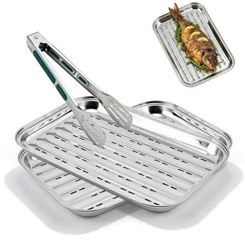 2er Set BBQ Grillschalen aus Edelstahl, 34.5 x 24.5 x 2.5 cm Wiederverwendbare Grillkorb Gemüsekorb Aussenbereich Zubehör für Fisch oder Fleisch für Gas-, Elektro- und Holzkohlegrill (2P)
