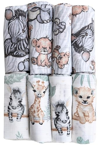 FENSILO Mulltücher Baby 70x80 Baumwolle - Spucktücher Baby weich saugstark - Musselin Mulltücher Bedruckt - Stoffwindeln waschbar - 8er Set Mullwindeln für Junge Mädchen Giraffe-Olifant