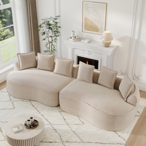 Sofà a 4 posti Cloud in ciniglia, senza ossa modulare, con sedile extra profondo, senza telaio, divano lounge con cuscini, senza assemblaggio, divano ad angolo curvo per soggiorno (Beige chiaro, 4