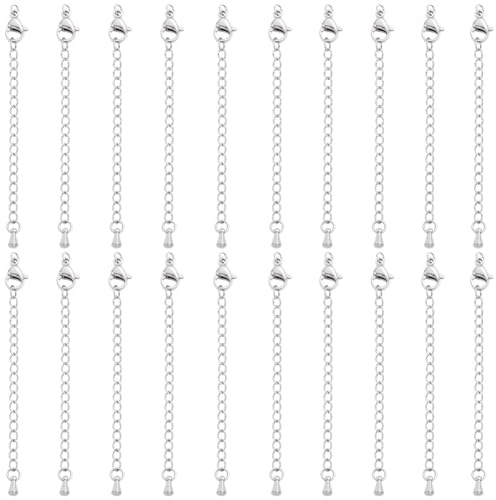 Beebeecraft 20 st Teardrop Chain Extender, 304 rostfritt stål armband förlängare kedjor med hummer klor förslutningar charm silver förlängning curb kedjor svansar för smycken tillverkning halsband