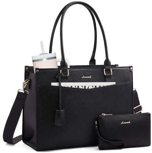 LOVEVOOK Laptop Handbags for Women, PU Leather Work Tote Bags | Clutch & Detachable Shoulder Strap, Padded Laptop Compartment, Waterproof, Large Tote for Shopper, Office, School, Travel