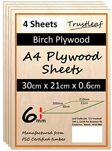 Contreplaqué de bouleau 6 mm A4-300 x 210 x 6 mm – Lot de 4 couches de colle E1 à faible émanation laser