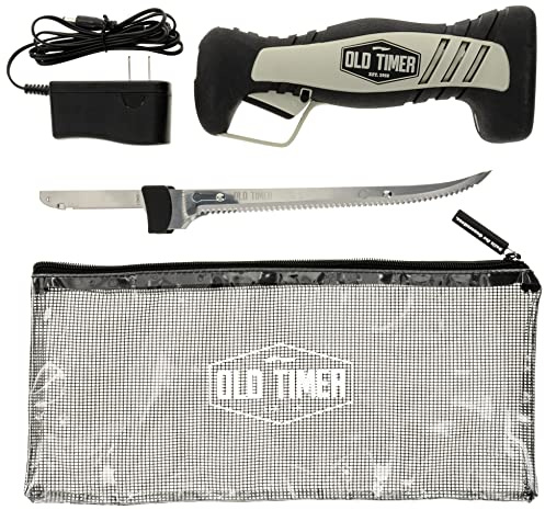 Old Timer Cordless Electric Fillet Knife with 8in Fully Serrated Stainless-Steel Blade, Trigger Lock, Rechargeable Battery, and Self Draining Case for Fishing, Meat Carving, Filleting, and Outdoors
