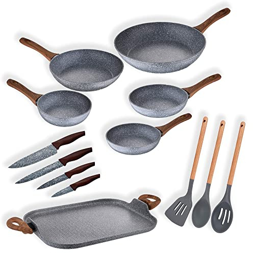 San Ignacio Pack 6 sartenes: Ø18, Ø20, Ø22, Ø24, y Ø28 + ASADOR de 35,5 x 28,3 + Utensilios (3 de Cocina + Juego de 4 Cuchillos), Daimiel, Aluminio Forjado, inducción
