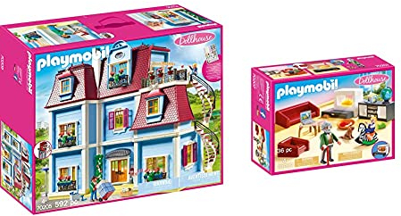 PLAYMOBIL Dollhouse 70205 Mein Großes Puppenhaus, Mit funktionsfähiger Türklingel, Ab 4 Jahren & Dollhouse 70207 Gemütliches Wohnzimmer, mit Lichteffekt, ab 4 Jahren