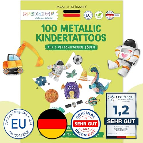 Papierdrachen 100 Metallic-Tattoos für Kinder - Hautfreundliche Kindertattoos Bagger und Dino - als Geburtstagsmitgebsel & Geschenkidee - für Jungen und Mädchen - in Deutschland hergestellt