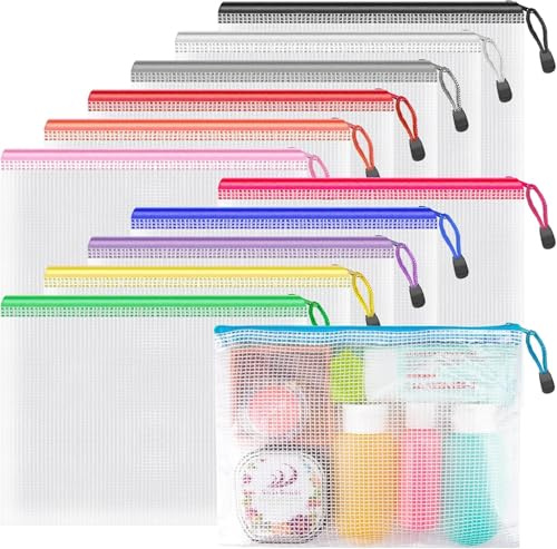 Umriox 12 Stück bunte Dokumententasche A5 Reißverschluss Mesh Tasche | Document Case,Zip Beutel,Tasche Wallet Taschen Kunststoff Dokumentenmappen für Quittung,Papier, Schule,Kosmetik,Reise