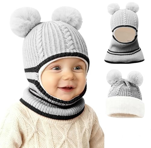 JFAN 2 i 1 vintermössa för barn stickad ull fleecefodrad huva pojke och flicka öronlapp för 2 till 5 år, Grå, one size