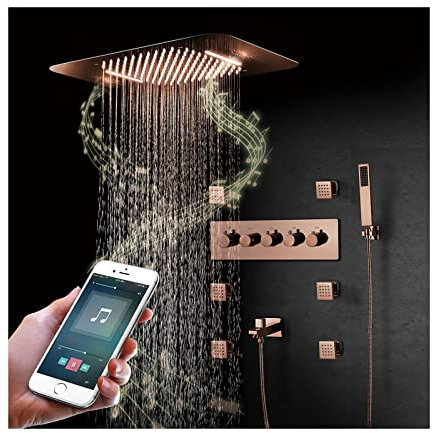 SHUGUANG Thermostatic Music Rain Shower System LED Rose Gold Shower Combo Set 64 Colors Bathroom Shower Faucet Set with 2 Modes Shower Head, Handheld Shower, 6 Body Jets, Tub Spout,Remote Control