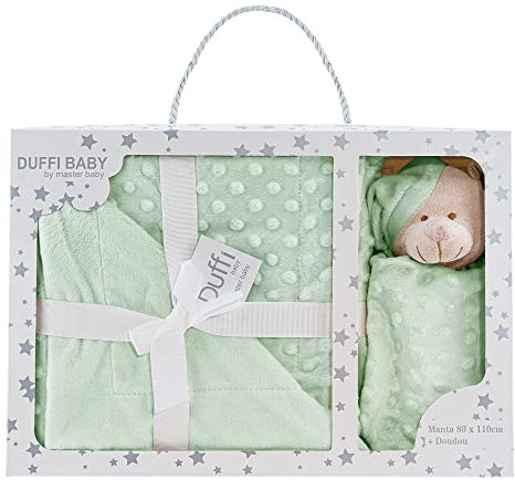 Duffi Baby - Manta y Dou Dou Bebe Recien Nacido para Cuna Cama minicuna. Manta Burbuja + Peluche atrapasueños Infantil Suave. Tamaño 80x110 cm y 24x24 cm. Verde Agua