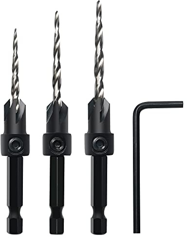 GMTOOLS Countersink Drill Bit Set, 3Pcs Tapered Drill Bits M2 HSS, with 1/4 Hex Shank Quick Change and Allen Wrench, Counter Sinker Set for Woodworking and Carpentry, Pilot Screw Hole Set