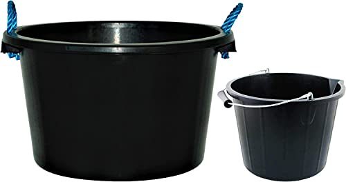 (𝟏𝟒 𝐋𝐢𝐭𝐫𝐞 + 𝟒𝟐 𝐋𝐢𝐭𝐫𝐞 𝐁𝐮𝐜𝐤𝐞𝐭) Metal Handle 3 Gallon Bucket Rope Handle Bucket Black Heavy Duty Plasterer Mixing Cement 42L MUCK Water Bucket Animal Feeding Storage Tub (Black)