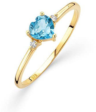 OROVI – Verlobungsring Damen aus 9Ct Gelbgold (375) mit Topas hellblau in Herzschliff 0.55Ct & 0.03Ct Diamanten – Verlobungsring Edelstein & Brillanten – Hypoallergen & handgefertigt (Gr. 54)