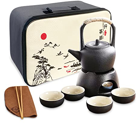fanquare Chinesisch Kungfu Teeservice mit Teewärmer, Schwarzes Porzellan Teekannen Set mit 4 Tassen, Reiseteeset mit Beutel