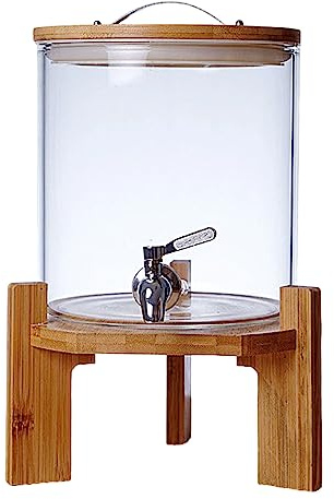 WYJRO Dispensador De Bebidas De Cristal,Dispensador De Bebidas De Vidrio Botella con Grifo Soporte Y Tapa De Madera para Bebida Caliente O Fría - Garrafa De Agua,Faucet+Base,5L