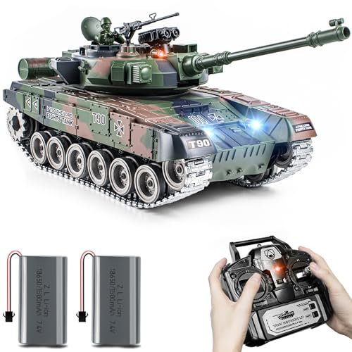RC Panzer 1/18 Russischer T90, 2.4GHz Panzer Ferngesteuert mit Schussfunktion, WW2 Modell Panzer Metall Ketten Kampfpanzer, mit Rauch, mit Licht und Sound für Erwachsene und Kinder