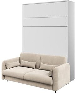 MEBLINI Schrankbett mit Sofa Bed Concept - Wandbett mit Lattenrost - Klappbett mit Schrank - Wandklappbett - Murphy Bed - BC-12-160x200cm Vertikal - Weiß Matt/Beige