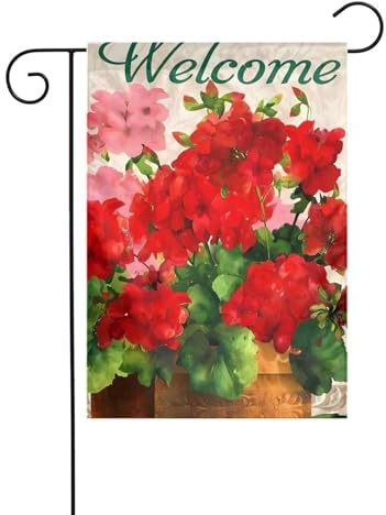 Bandiera da giardino Gerani rossi Stampe Bandiere decorative principalmente per terrazze, giardini, vasi da fiori, terrazza, balcone. 30,5 x 45,7 cm