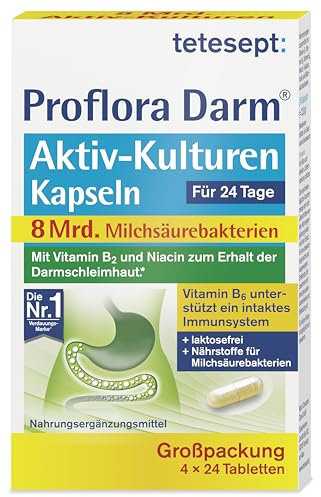 tetesept Proflora Darm Aktiv-Kulturen Kapseln – 4 x 24 Kapseln – Nahrungsergänzungsmittel mit 8 Mrd. Milchsäurebakterien, Vitaminen und Inulin - Großpackung