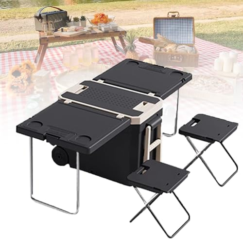 Multifunktions-Rollkühler, Camping-Aufbewahrungsbox, mit 2 Stühlen, klappbarer, verbesserter Tisch für Picknick, Camping im Freien, ohne Strom oder Kompressor, für Autocamping, B