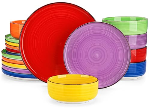 vancasso Bonita Colourful Dinner Set, Handpainted Swirls Dinner Sets for 6 People, 18-Piece Plates and Bowls Set in Warm Tones, Include Dinner Plates, Dessert Plates, and Cereal Bowl