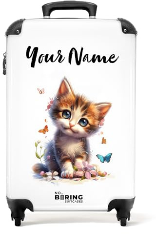 NoBoringSuitcases.com Kinderkoffer, Koffer Personalisiert, Kinderkoffer Mädchen, Koffer Kinder, Hartschalenkoffer, Kinder Reisekoffer, Kindertrolley, Handgepäck Koffer 55x40x20 cm (Kätzchen - Weiß)