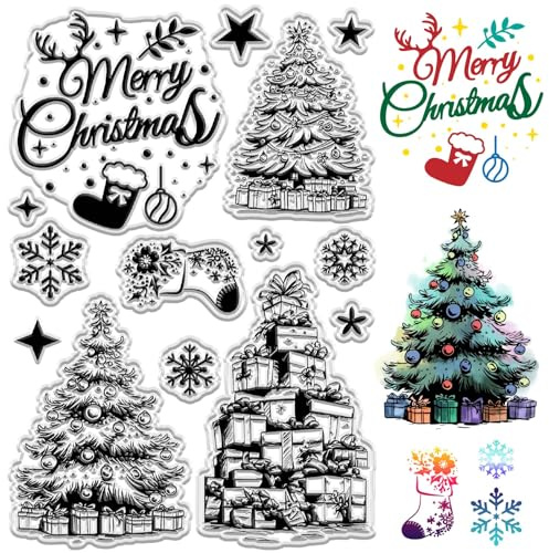 CRASPIRE Transparente Gummistempel „Frohe Weihnachten“ Weihnachtsbaum Schneeflocke Stern Wiederverwendbar Vintage Transparente Silikon-Siegelstempel Für Winterferien DIY-Basteln