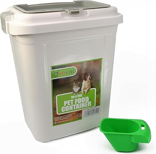 Home Beauty 30L Pet Food Storage Container Flip Top Locking System With Integrated Scoop Plastic Birds Airtight Pet Dog Cat Animal Dry Food 15 KG Dispenser Bin (White, 30 L)