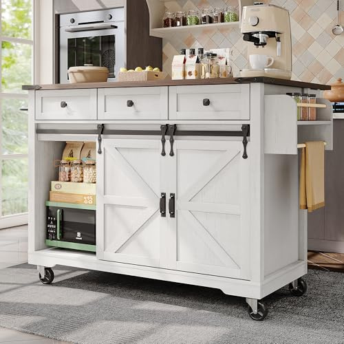 Ymkua Küchenwagen, Kücheninsel Küchenschrank, Speisewagen Anrichte auf Rollen, Esswagen Anrichte mit 2 Türen und 3 Schubladen, Buffetschrank mit Ausziehbarer Arbeitsplatte für Esszimmer, Küche, Beige