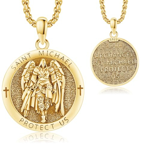 AUDINCEED 18K Gold Plated St Michael Pendant for Men St Michael Necklace 925 Sterling Silver Archangel Michael Necklace Saint Michael Pendant Protect Us Medal Amulet for Men Women