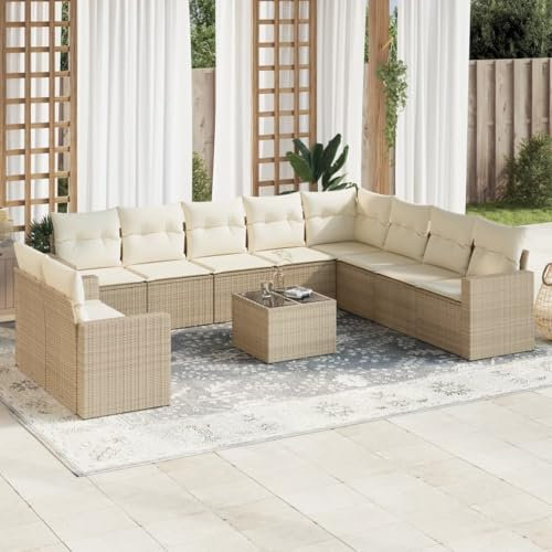 Xichuzi 11-TLG. Garten-Sofagarnitur mit Kissen Beige Poly Rattan, Lounge Gartenmöbel Set, Möbelsets, Balkon Möbel, Gartenlounge, Gartensofa - 3219168