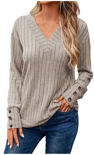 pull femme chic et elegant col v casual pullover tricoté cotele à la mode pull fin femme col en v profond sexy chandail manche longue avec boutons thermal quotidien ideal pull-over (Beige, L)