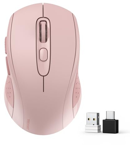 TECKNET Bluetooth Maus, 2.4G Maus Kabellos (BT 5.0/3.0 + USB A + USB C) 4000 DPI Tragbare Ergonomische Mouse, 6 Stufen DPI Funkmaus für Laptops, Mac OS, Android, Windows, Rosa