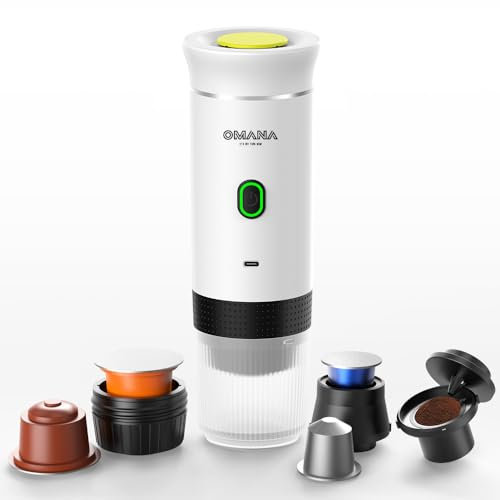 Omana 3-in-1 Portable Coffee Machine Wireless Electric Self Heating Capsules Pods Espresso for Car Home Office Camping Travel Maker 3in1 (White)