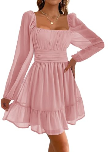 Imily Bela Robe de soirée pour femme - Col carré - Mini robe en maille - Taille haute - Plissée - Manches longues - Invité de mariage - Avec volants