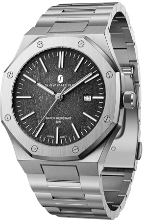 SAPPHERO Uhren Herren Quarzwerk Silber Edelstahl Armband 50M Wasserdicht Datum Kalender Schwarz Blau Herrenuhren Armbanduhr Geschenke für Männer