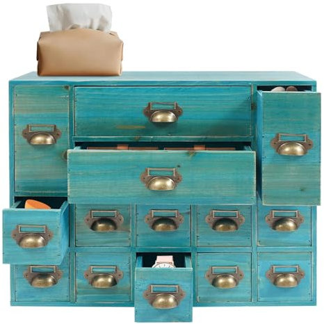 PRMTYUP 14 Drawers Apothecary Cabinet, Wooden Desk Drawer Organizer, with 14 Drawers Tabletop Apothecary Chests And Cabinets, Library Card Catalog Cabinet Herb Storage Box,Blue