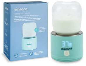 Miniland Bärbar, lätt och kompakt flaskvärmare, inklusive adaptrar för flaskor och laddningskabel, perfekt för resor och promenader, strömförsörjningstillbehör | Warmy On the Go