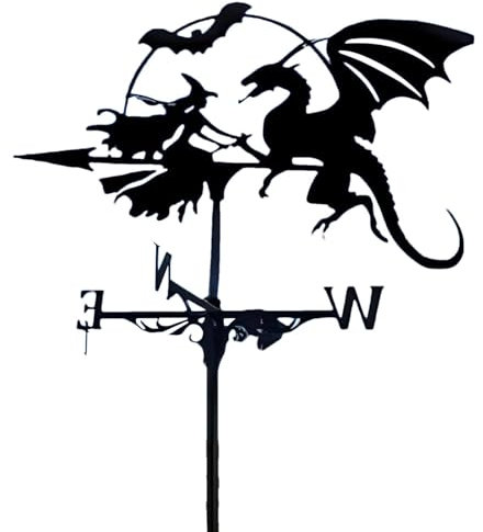 Veleta de viento, veleta de metal, dragón y bruja, indicador de dirección del viento y decoración del techo